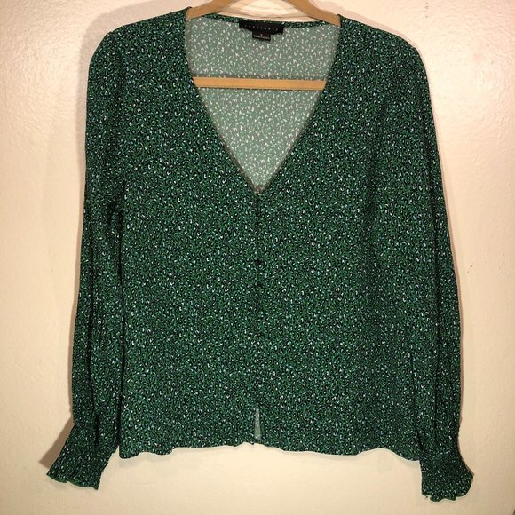 Sanctuary V Neck Blouse Green Leopard Print - Picture 1 of 4